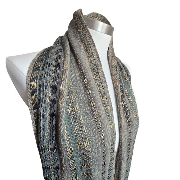 Handwoven Scarf Metallic Accent Fringe Green Gold and Black 72" CM2005 - Picture 3 of 7